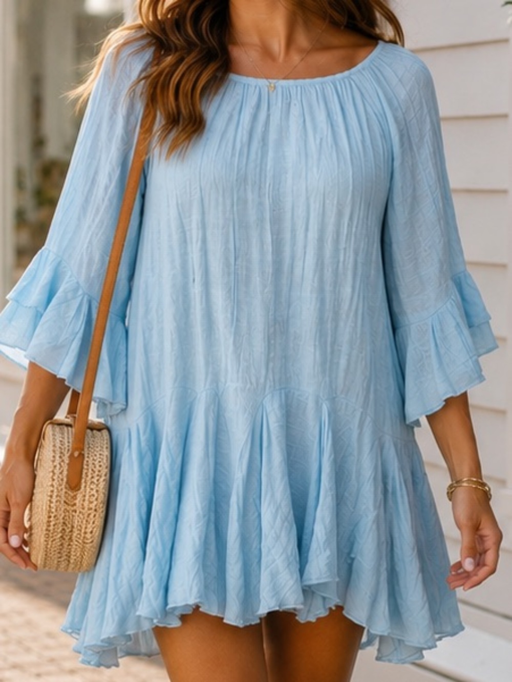 Altar’d State Light Blue Gauze Babydoll Mini Dress Bell Sleeve Boho Small